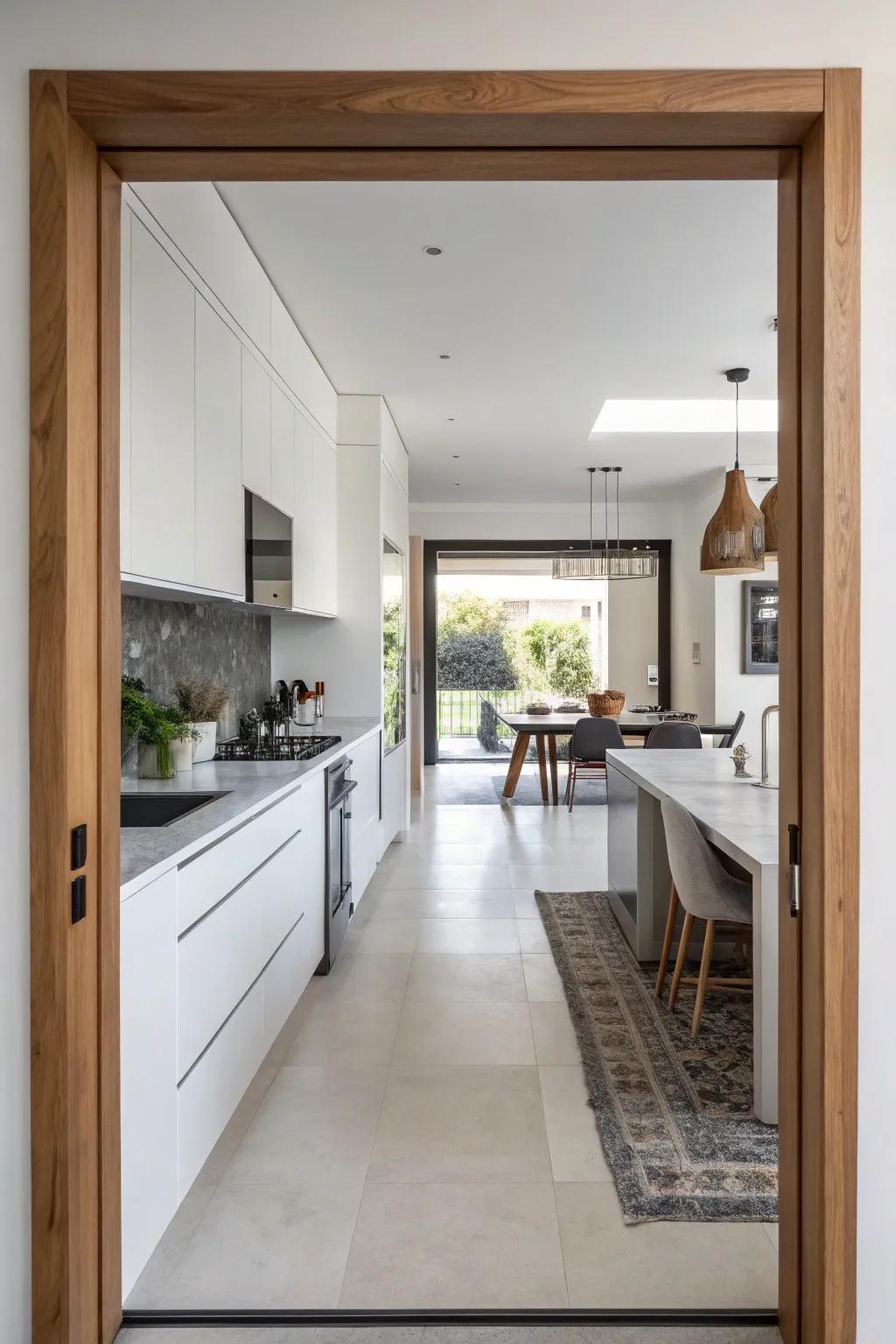 A framed opening offers a seamless transition between rooms, maintaining structure and flow beautifully.