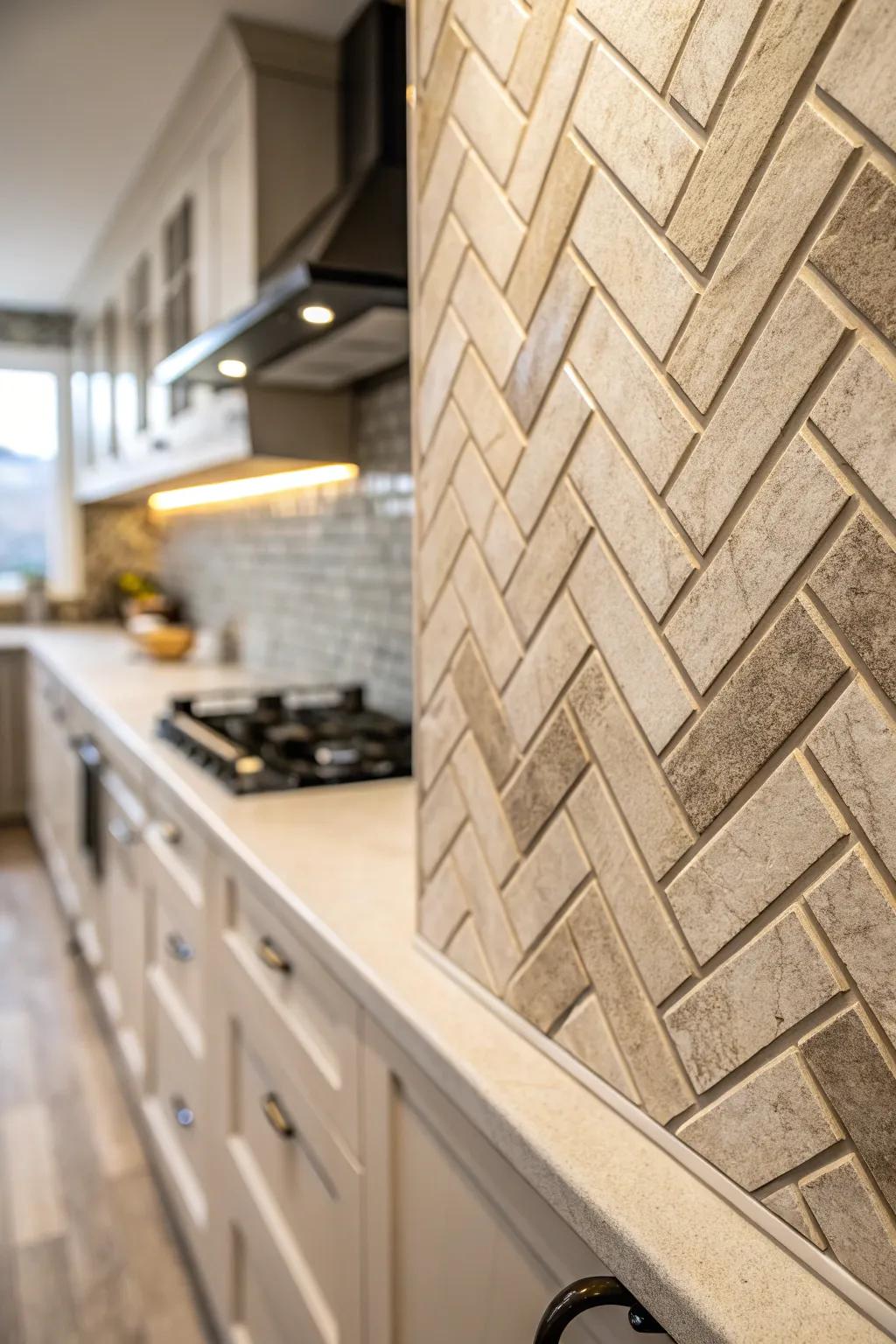 Herringbone patterned tiles bring sophistication and motion to this cooking area.