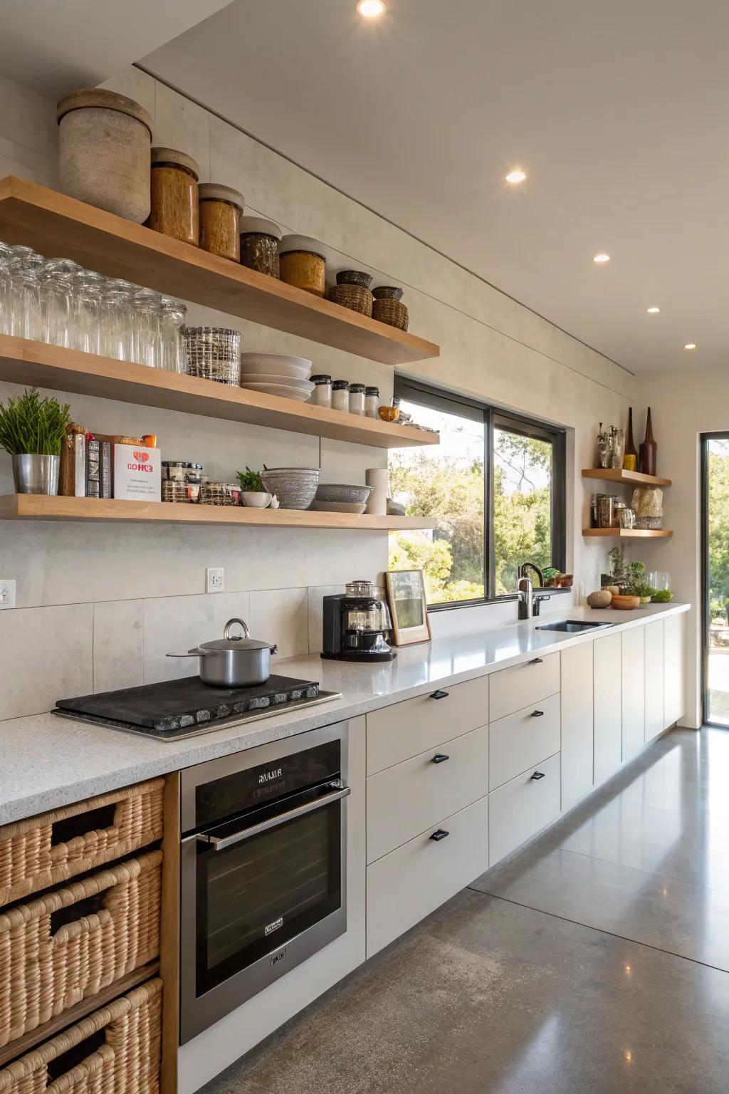 Concealed storage within shelves keeps kitchens tidy and efficient.