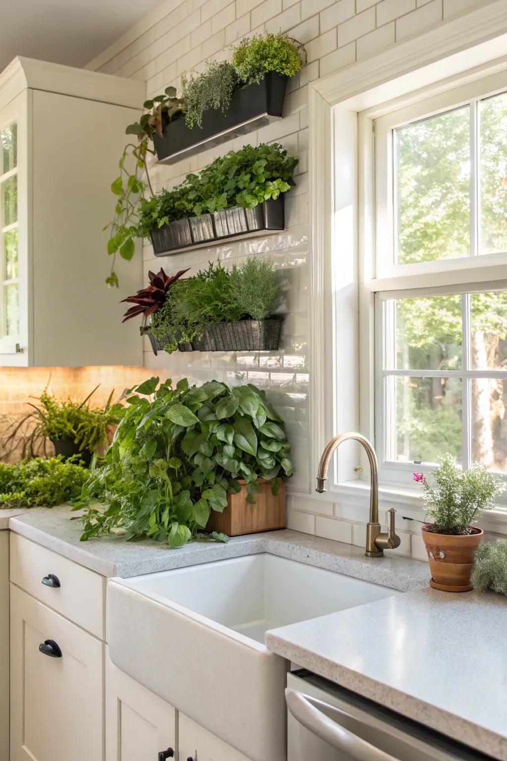 Incorporate a revitalizing touch with a botanical backsplash.