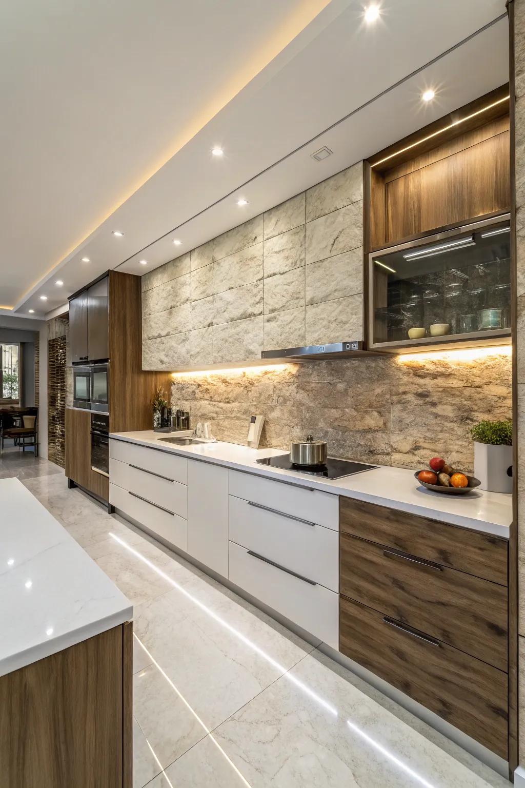 Natural stone backsplash harmonizes with the white countertops for an elegant kitchen design.