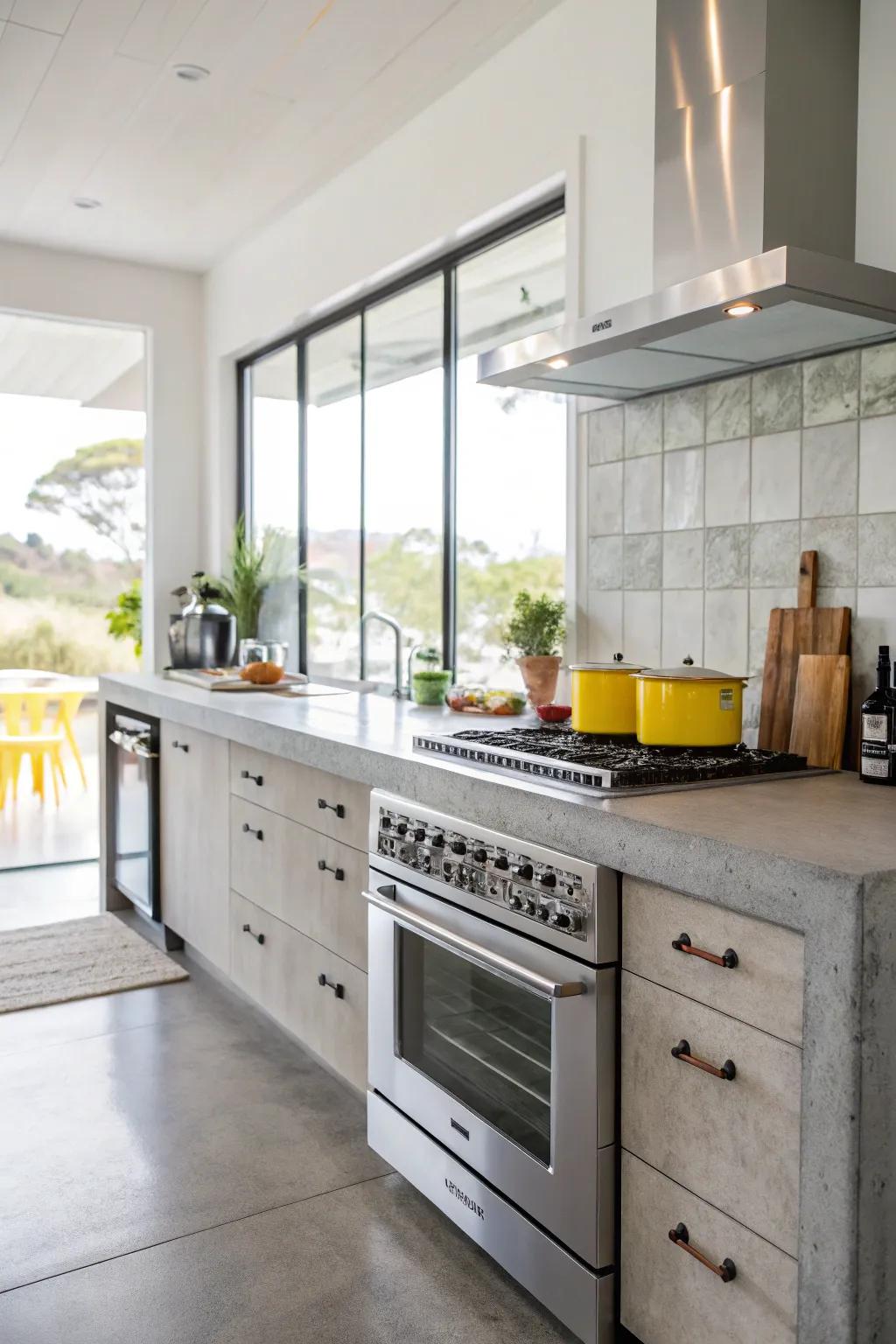 A kitchen featuring concrete countertops contrasted by bright modern appliances.