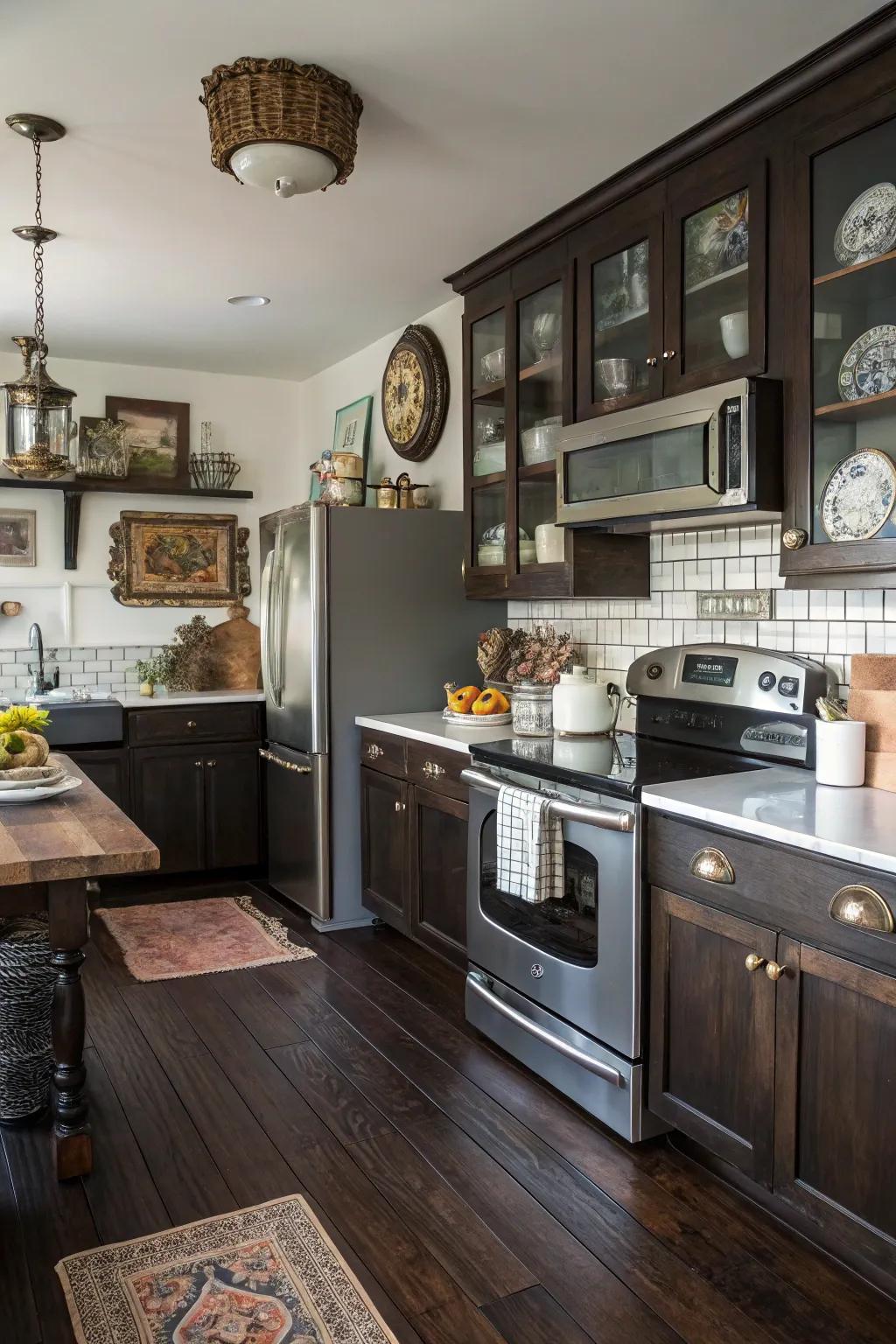 A unique blend of old and new elements in this kitchen with dark floors.
