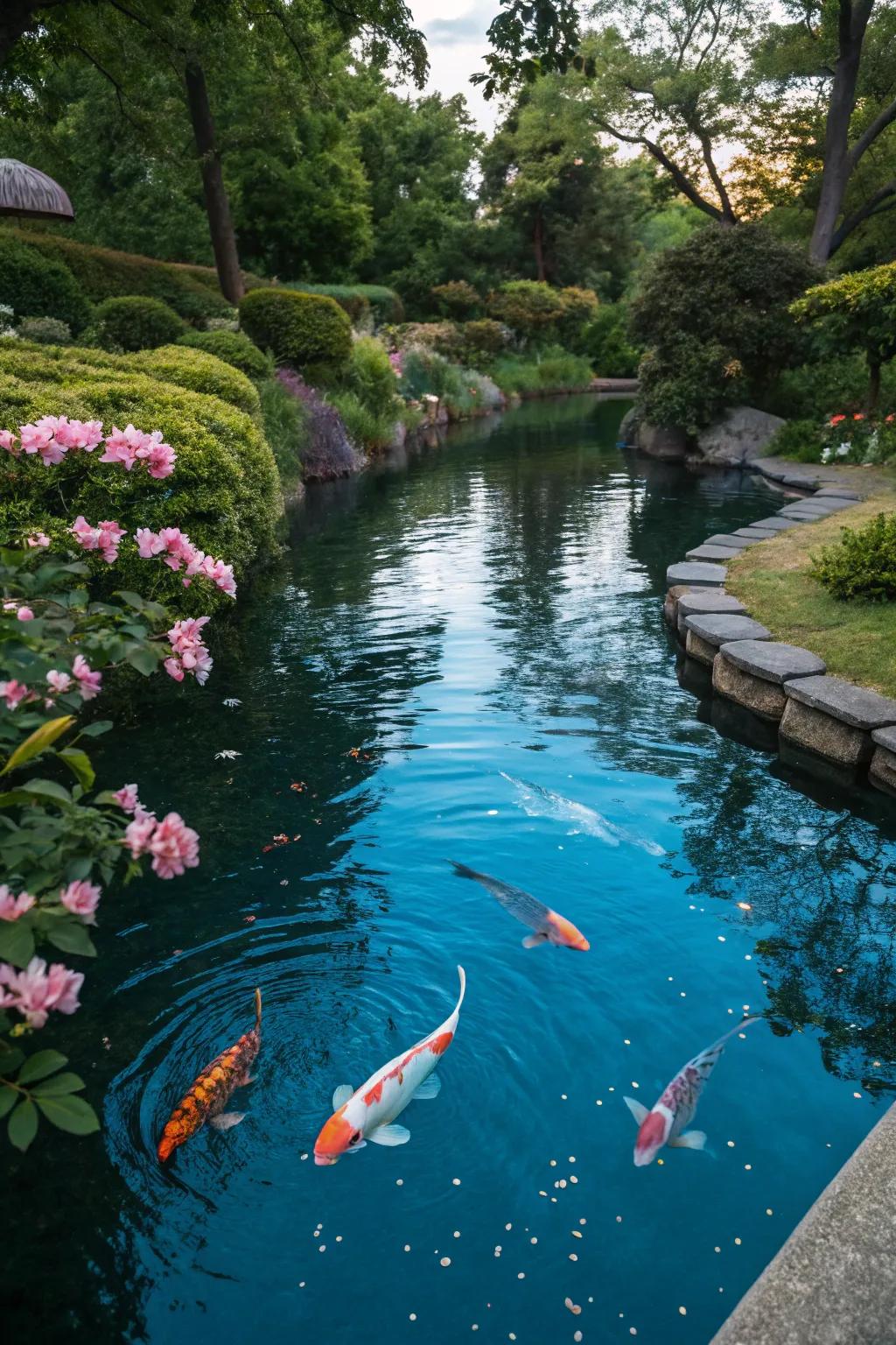 A koi pond featuring tinted water, enhancing its cooling effect.