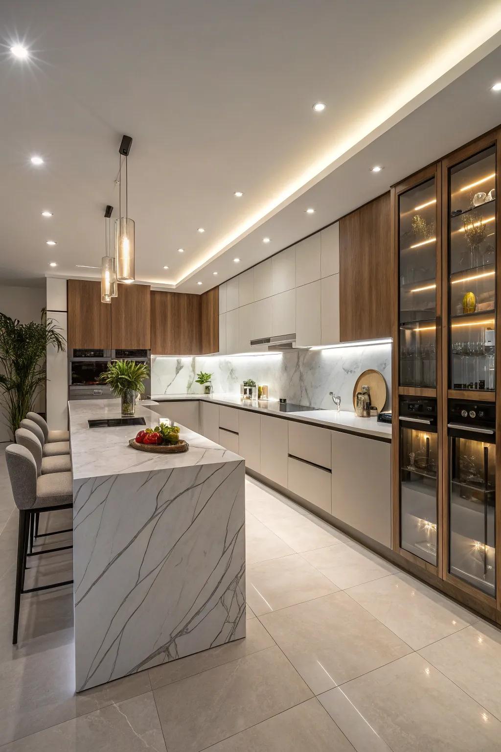 Waterfall countertops add a touch of elegance and modernity to your kitchen.