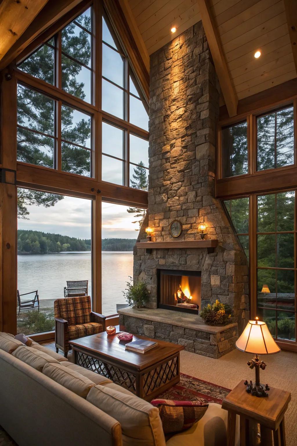 A statement fireplace serves as a gathering focal point.