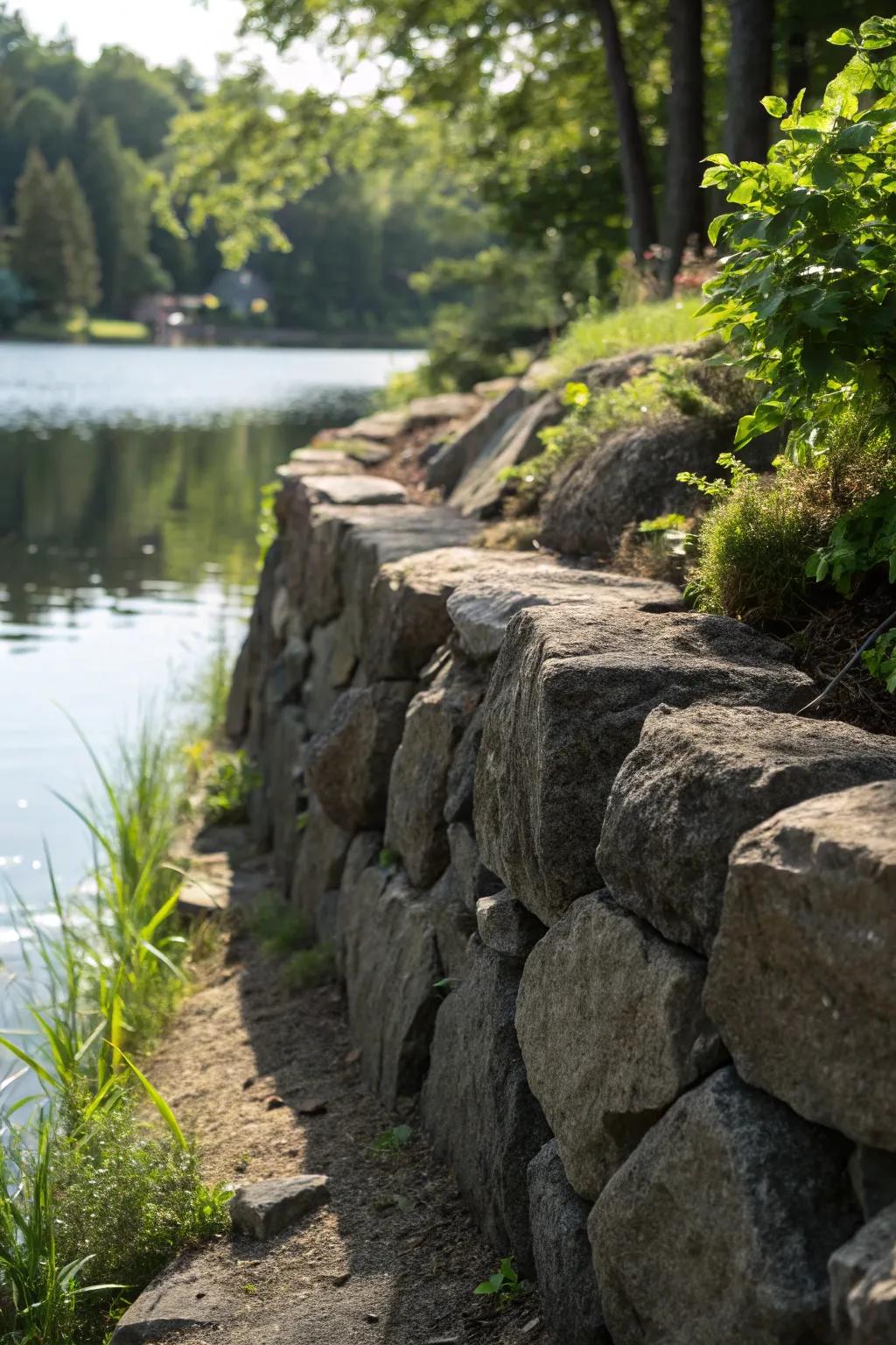 Enhance your shoreline with an eco-friendly riprap wall, combining functionality with natural beauty.
