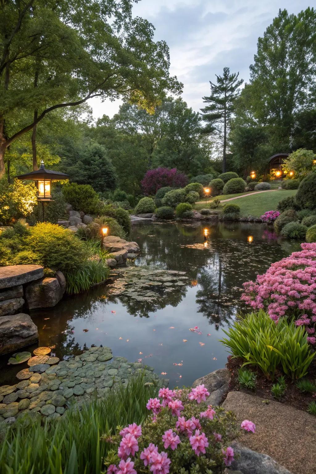 Illumination renders aquatic features magical after sunset.