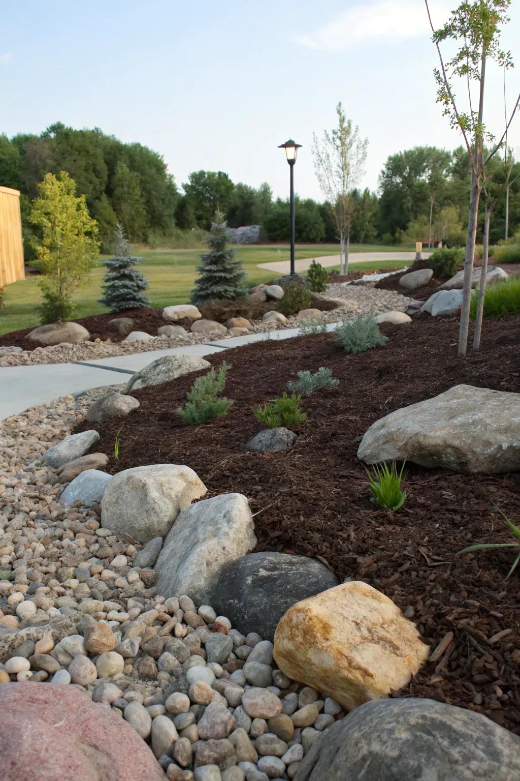 Combine mulch with rocks for a striking garden feature.