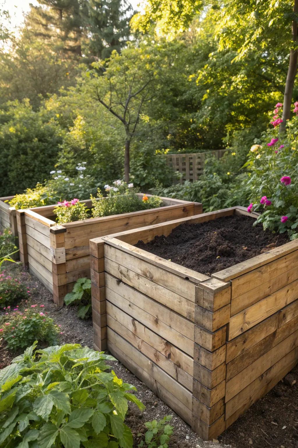 Elevate your garden's sustainability with a stylish timber composting corner.