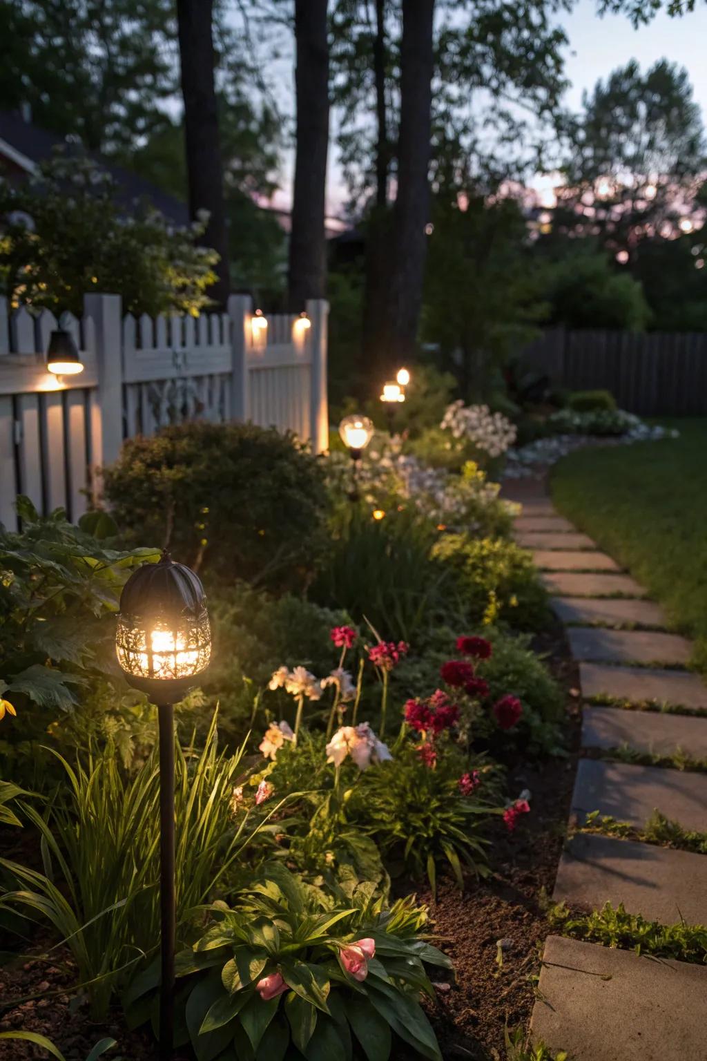A garden bed beautifully illuminated by solar lights at night.