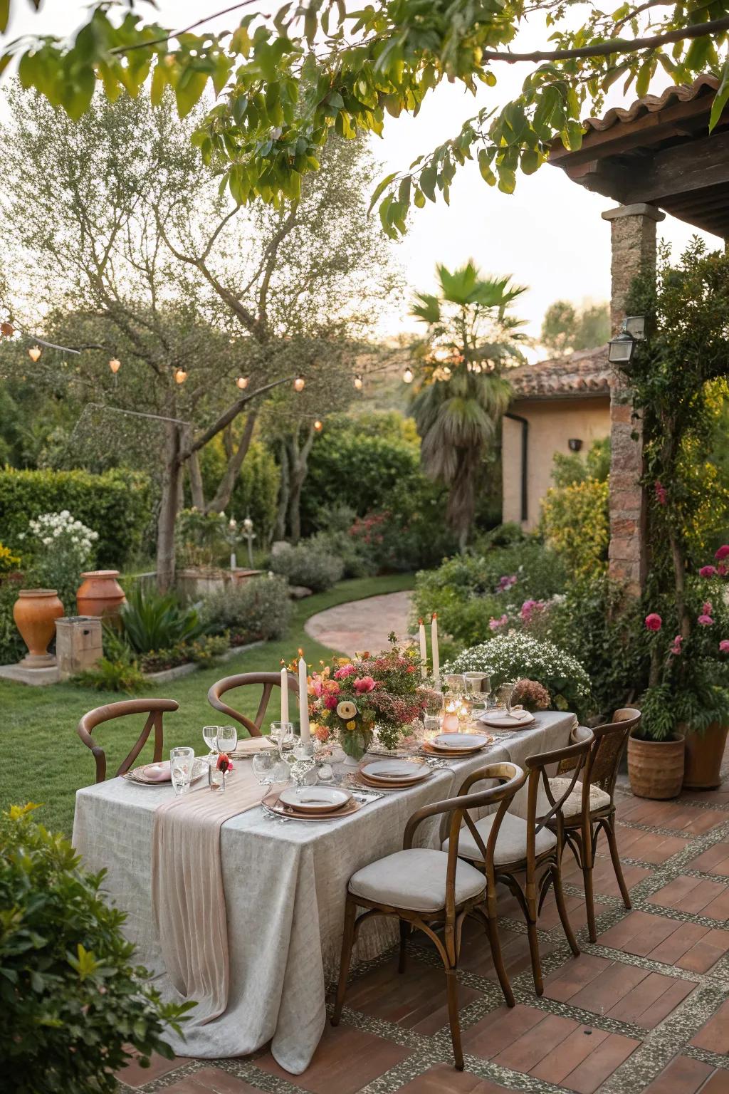An outdoor dining area set amid lush garden surroundings, perfect for entertaining.