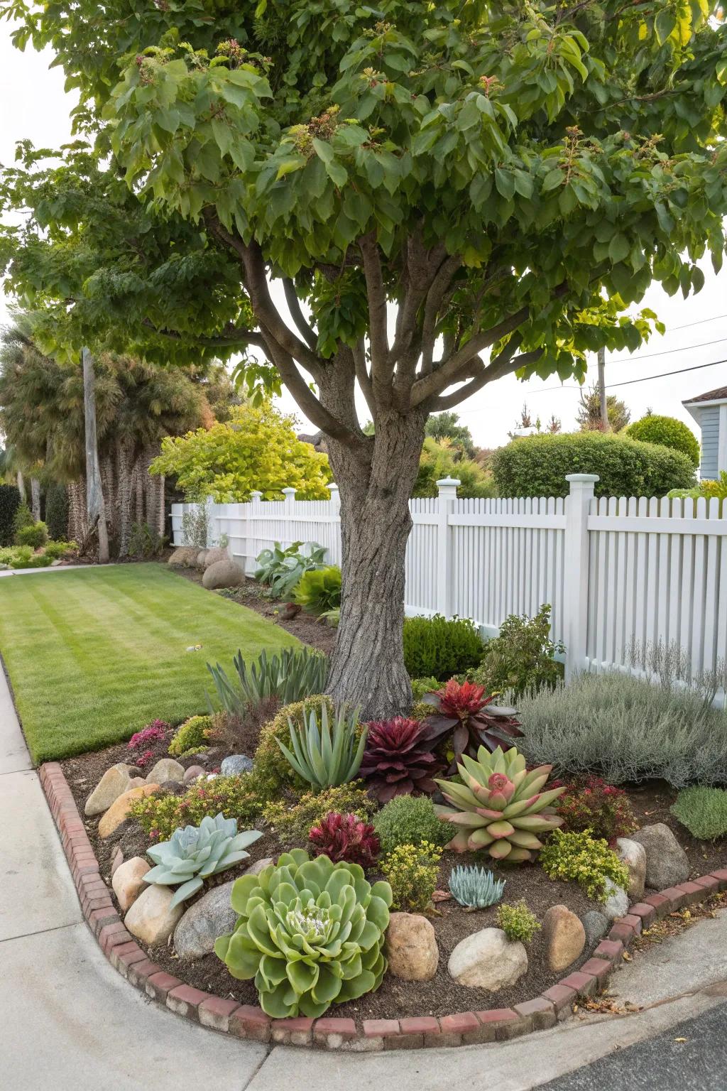 A tree surrounded by a variety of succulents, adding modern texture to the garden.