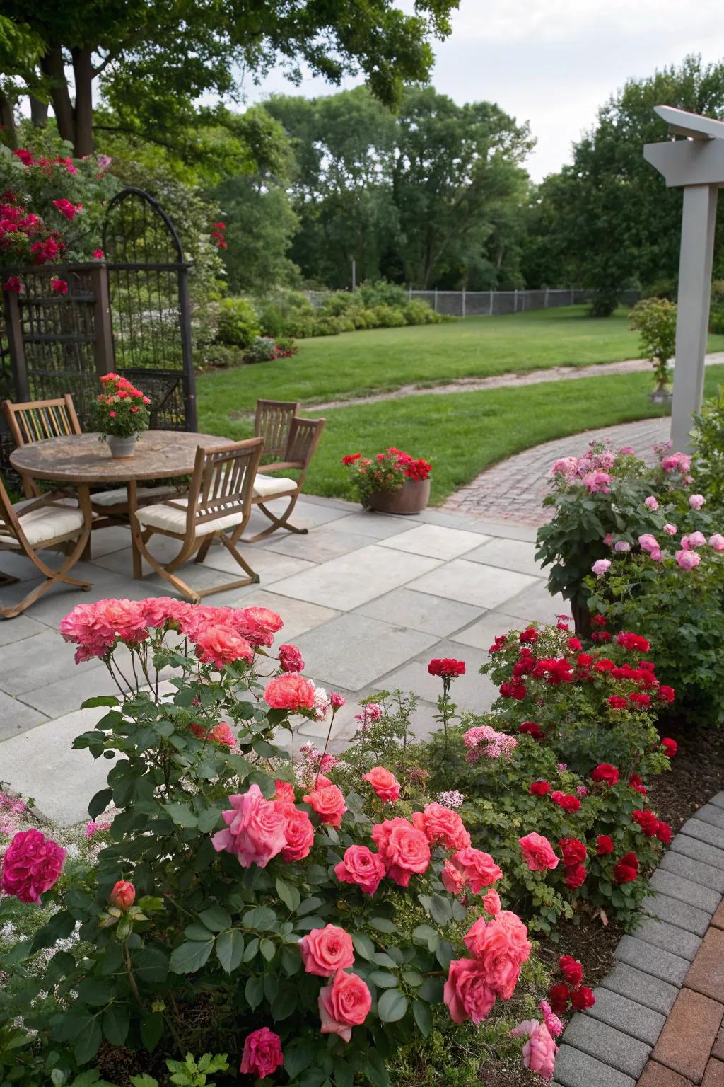 Knockout roses create a fragrant patio surround.