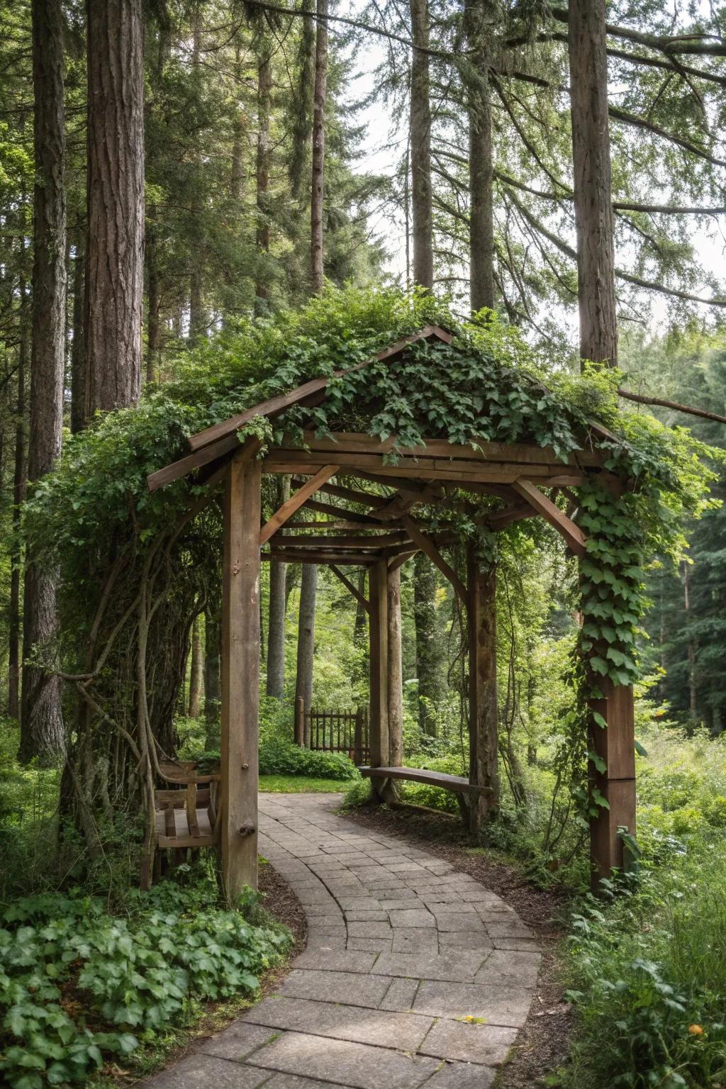 A timber arbor giving a vertical impression in the woods.