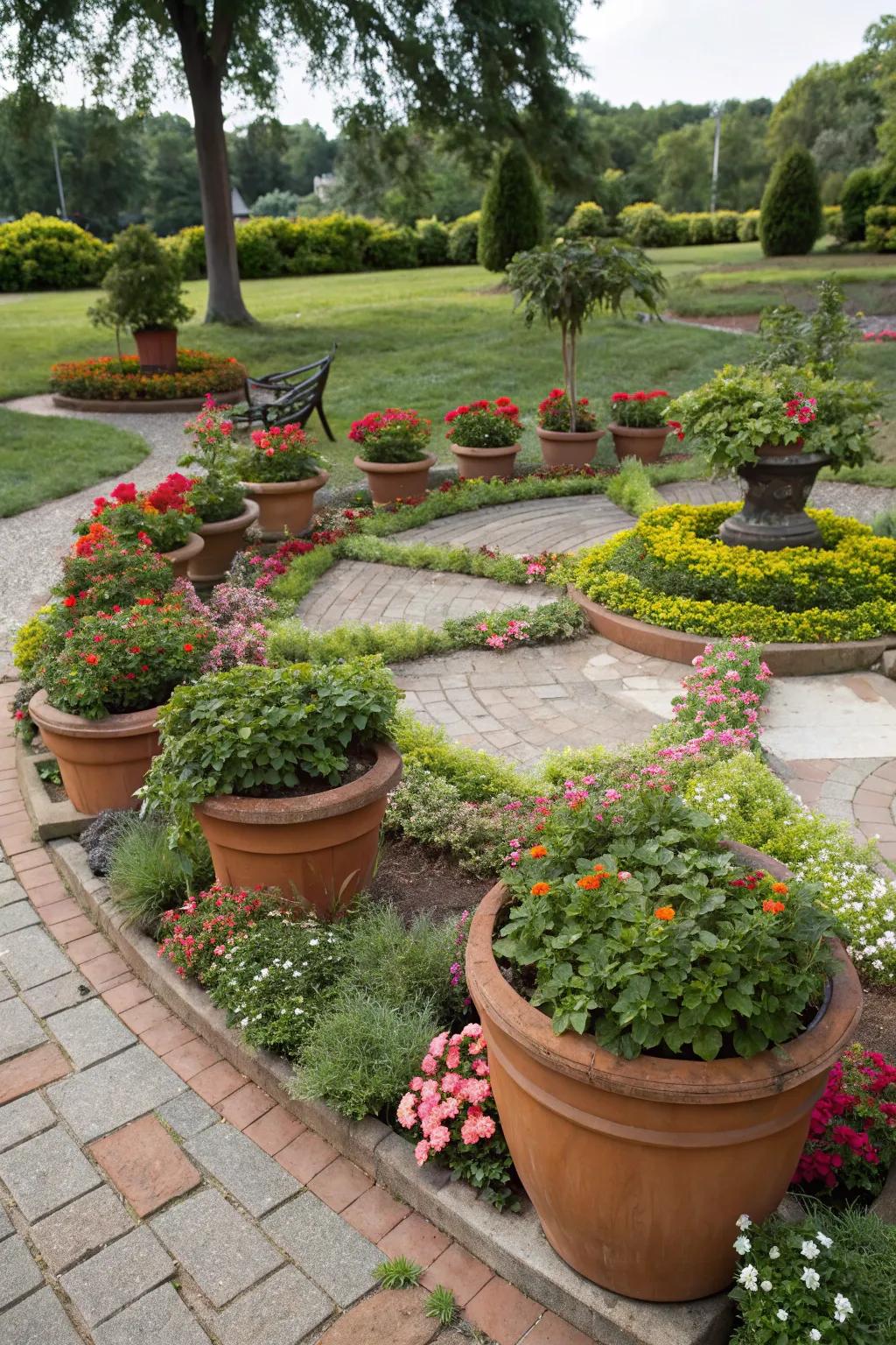 Enhance your garden's artistry with creatively arranged planters.