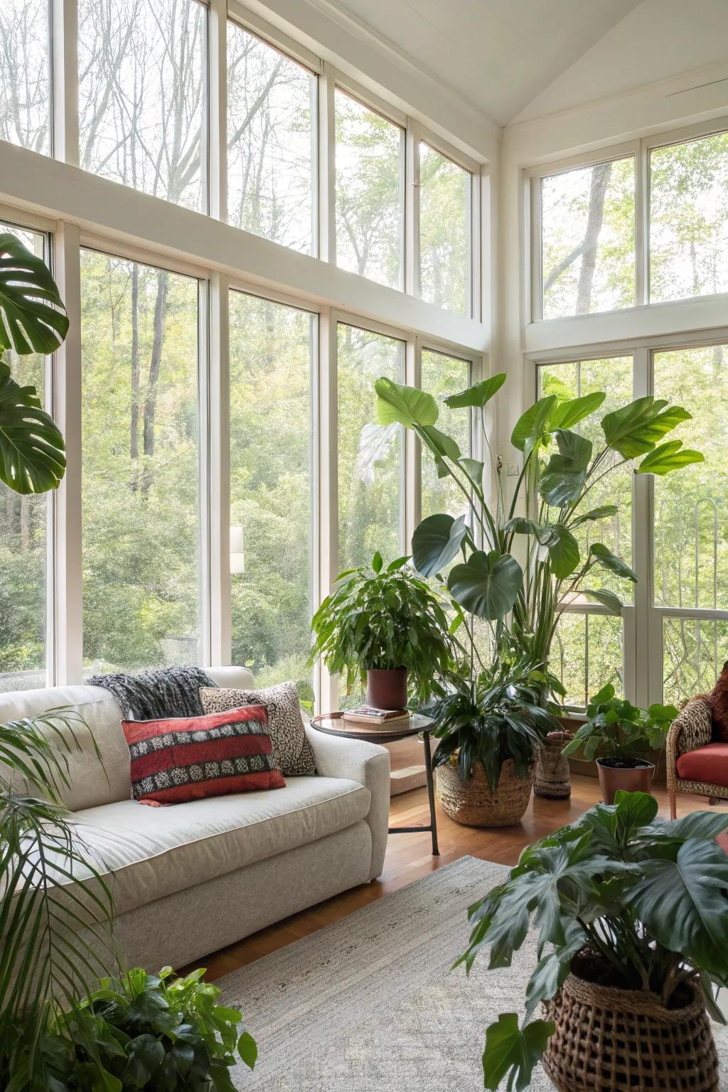 Indoor plants framing the windows, adding natural beauty and freshness.