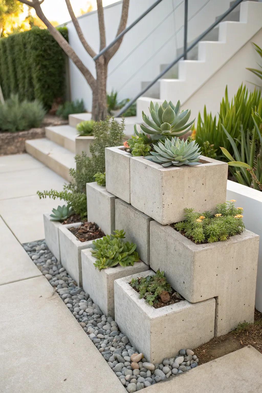 A modular succulent planter crafted from concrete blocks.