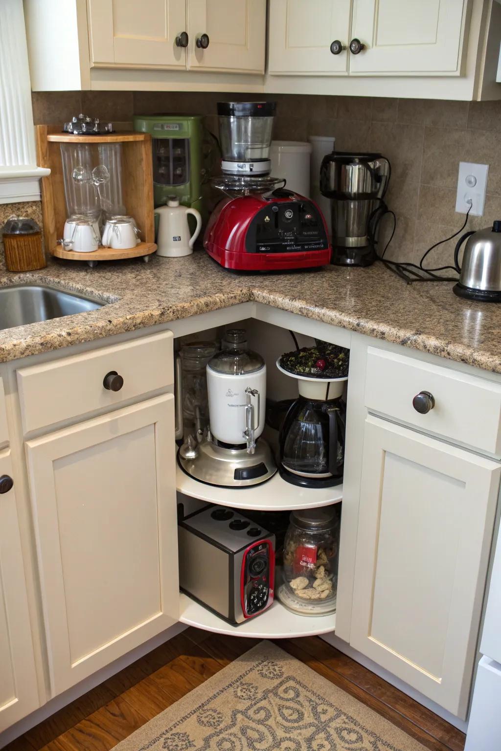 An arranged kitchen cabinet using a spinner for simple tool grabbing.
