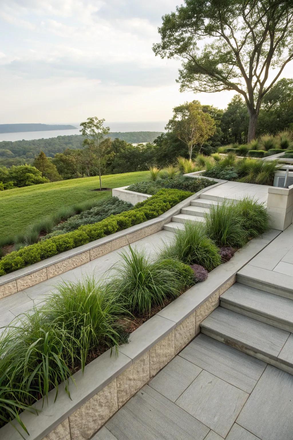 Terrace edges softened by liriope enhance the garden’s natural flow.