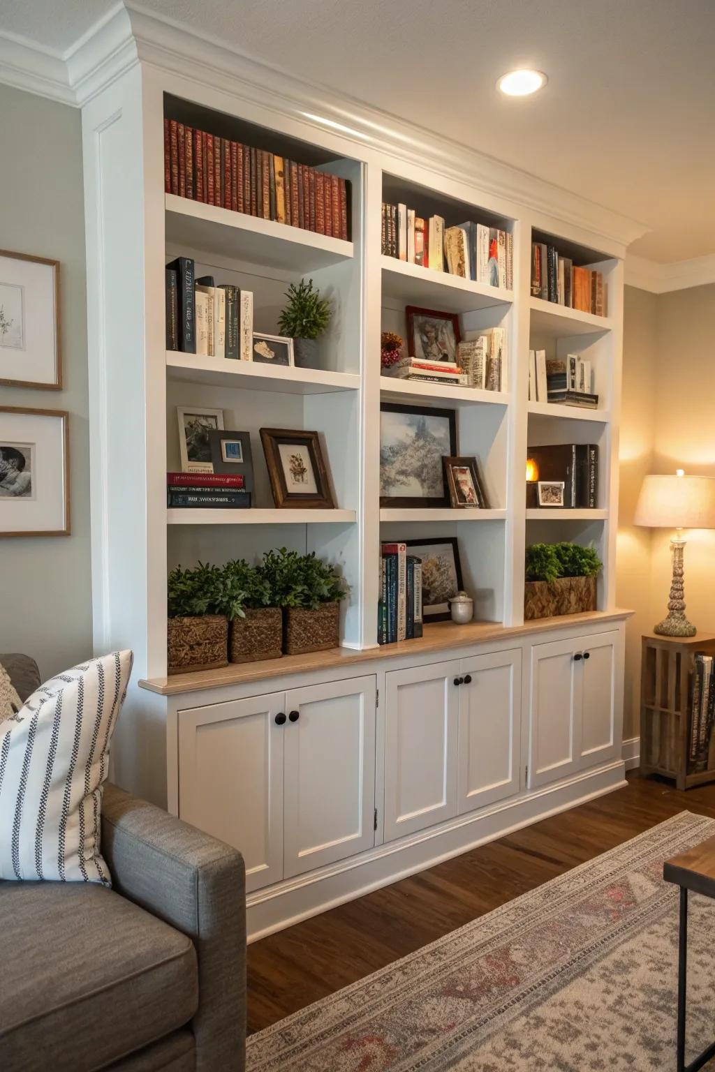 Built-in bookshelves can enhance storage and style in a corner.