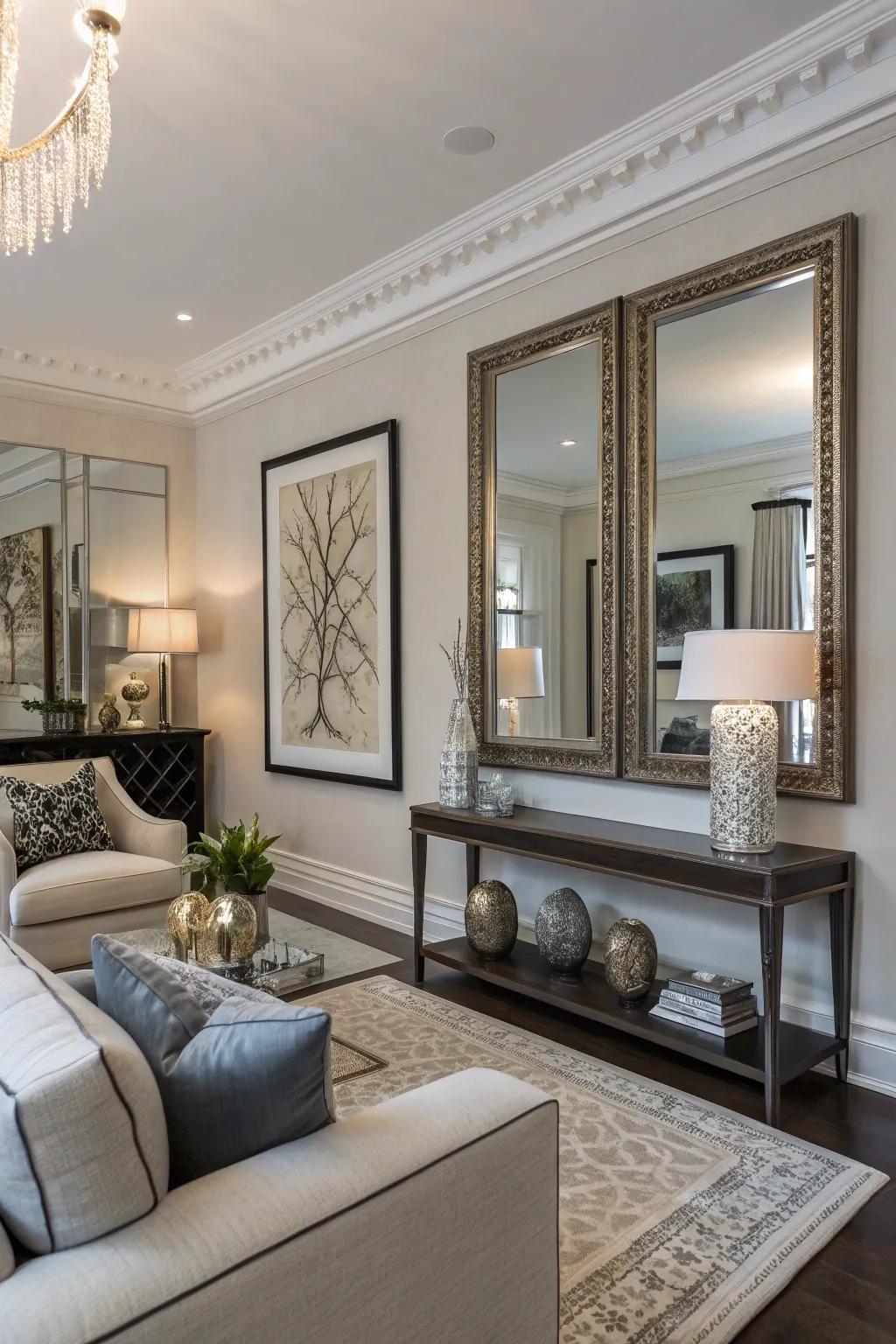 Crown molding creates the illusion of framed mirrors.