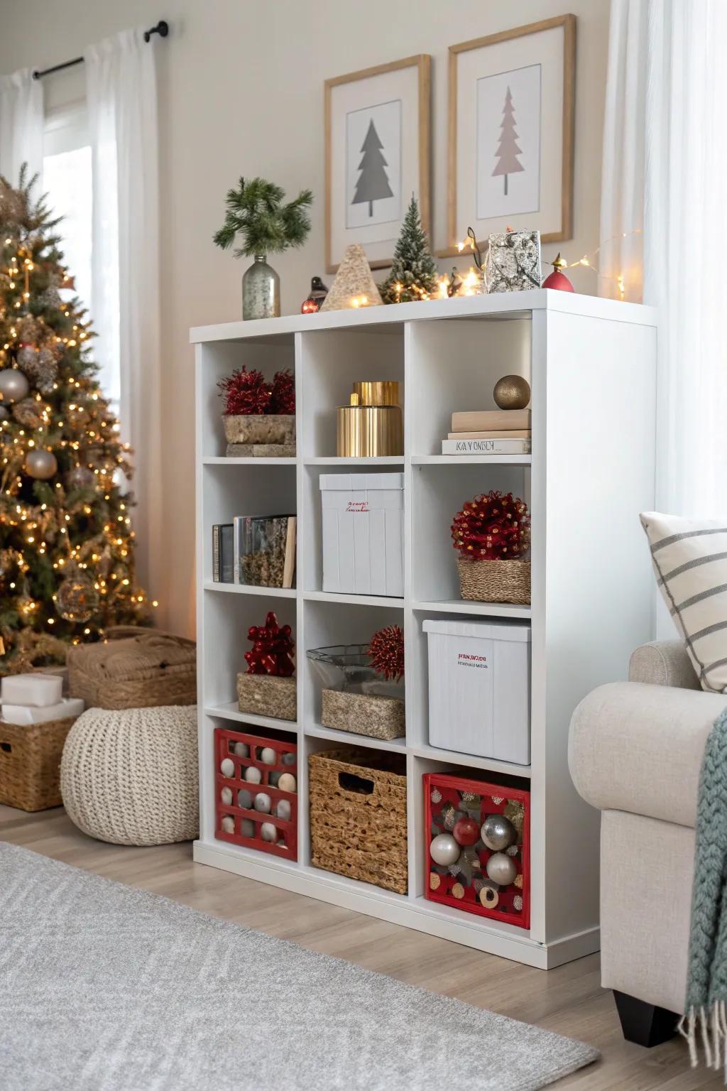 A seasonal decor vault utilizes modular shelving for a clutter-free household.