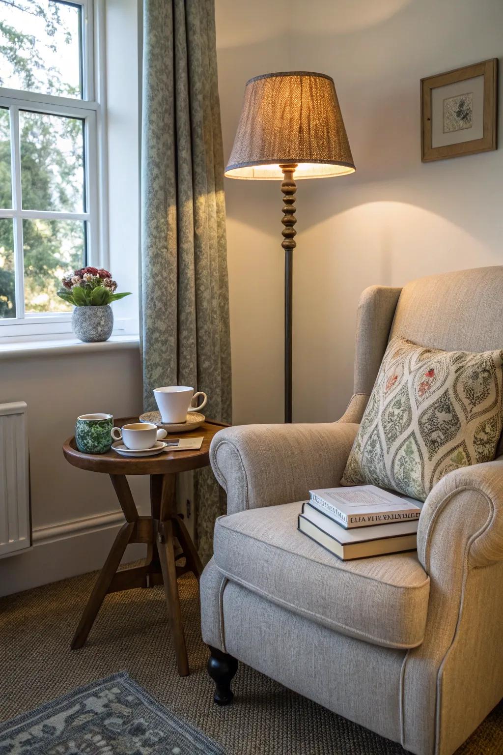 A cozy reading nook in a welcoming living room.