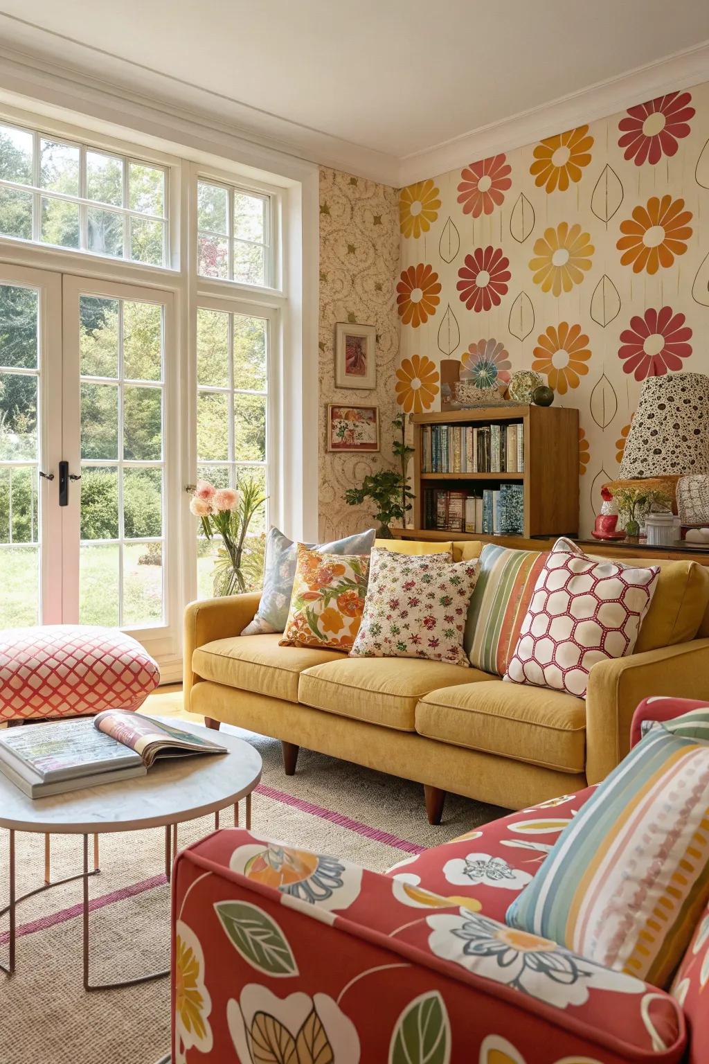 A living room featuring playful patterns and prints for added vibrancy.