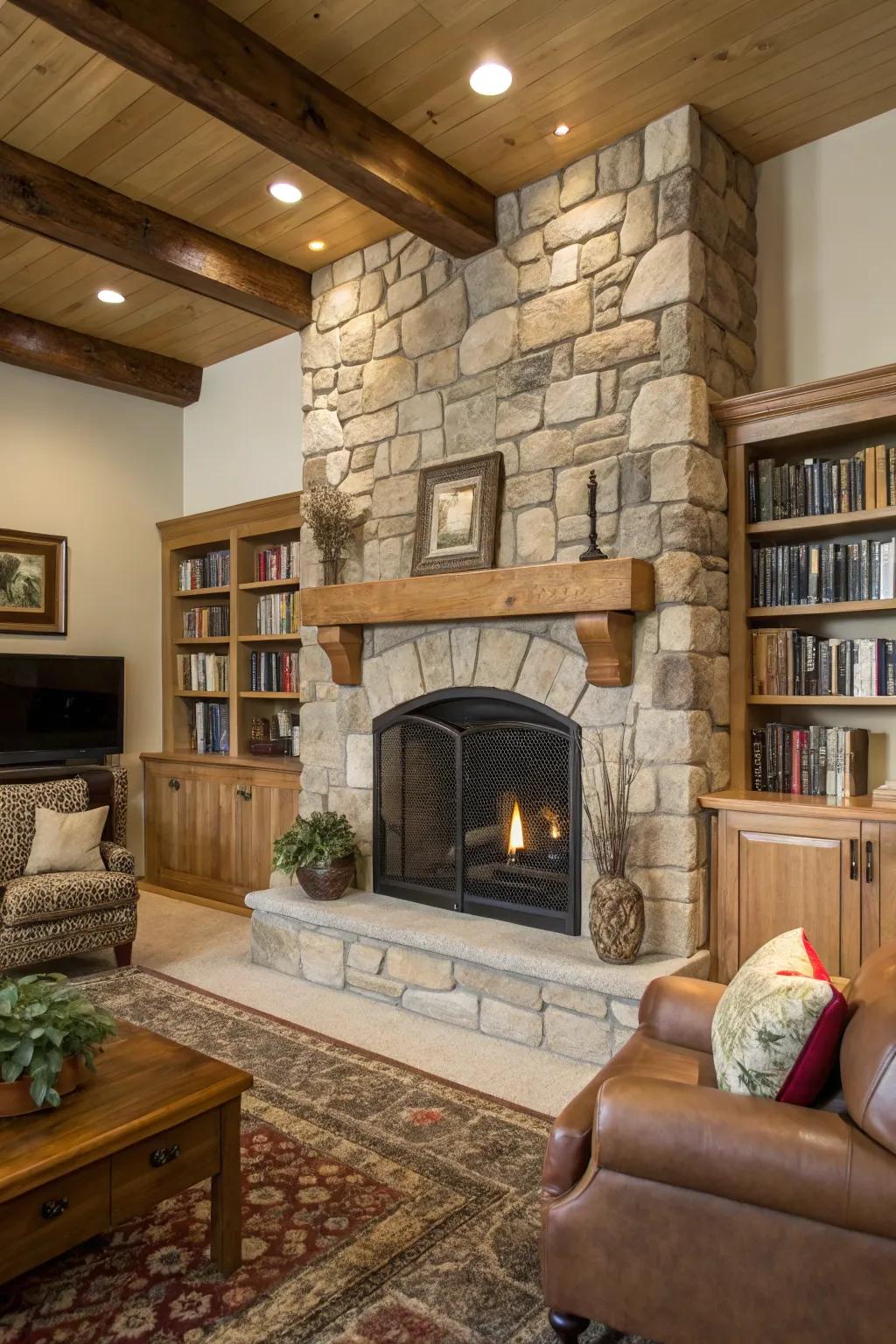 A characteristic mantel improves the unpretentious feel of your stone chimney.