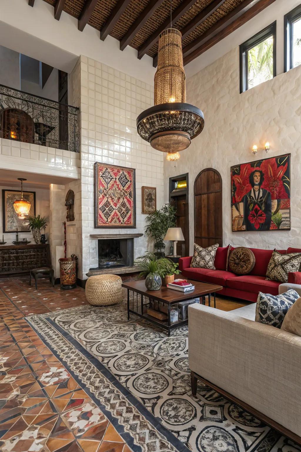 Sophisticated family room featuring mixed-proportion tiling design.
