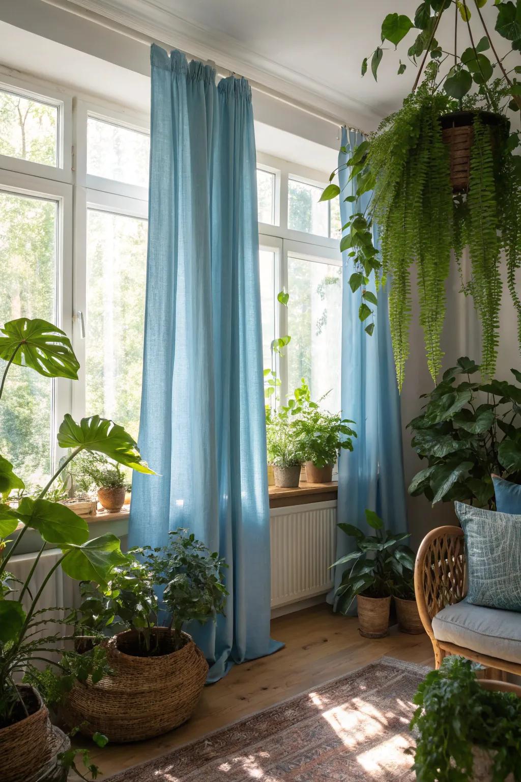 Lush greenery contrasts with sky-tinted drapes, adding freshness and natural balance to the space.