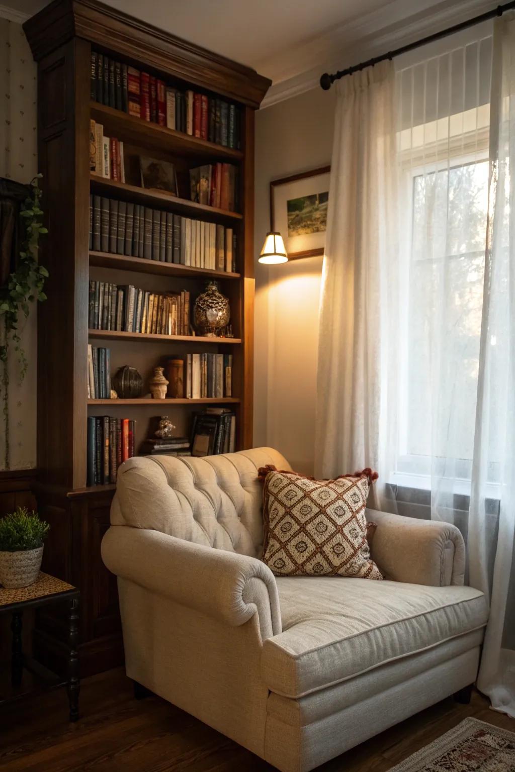 A reading nook with a loveseat is perfect for curling up with a book in your living room.