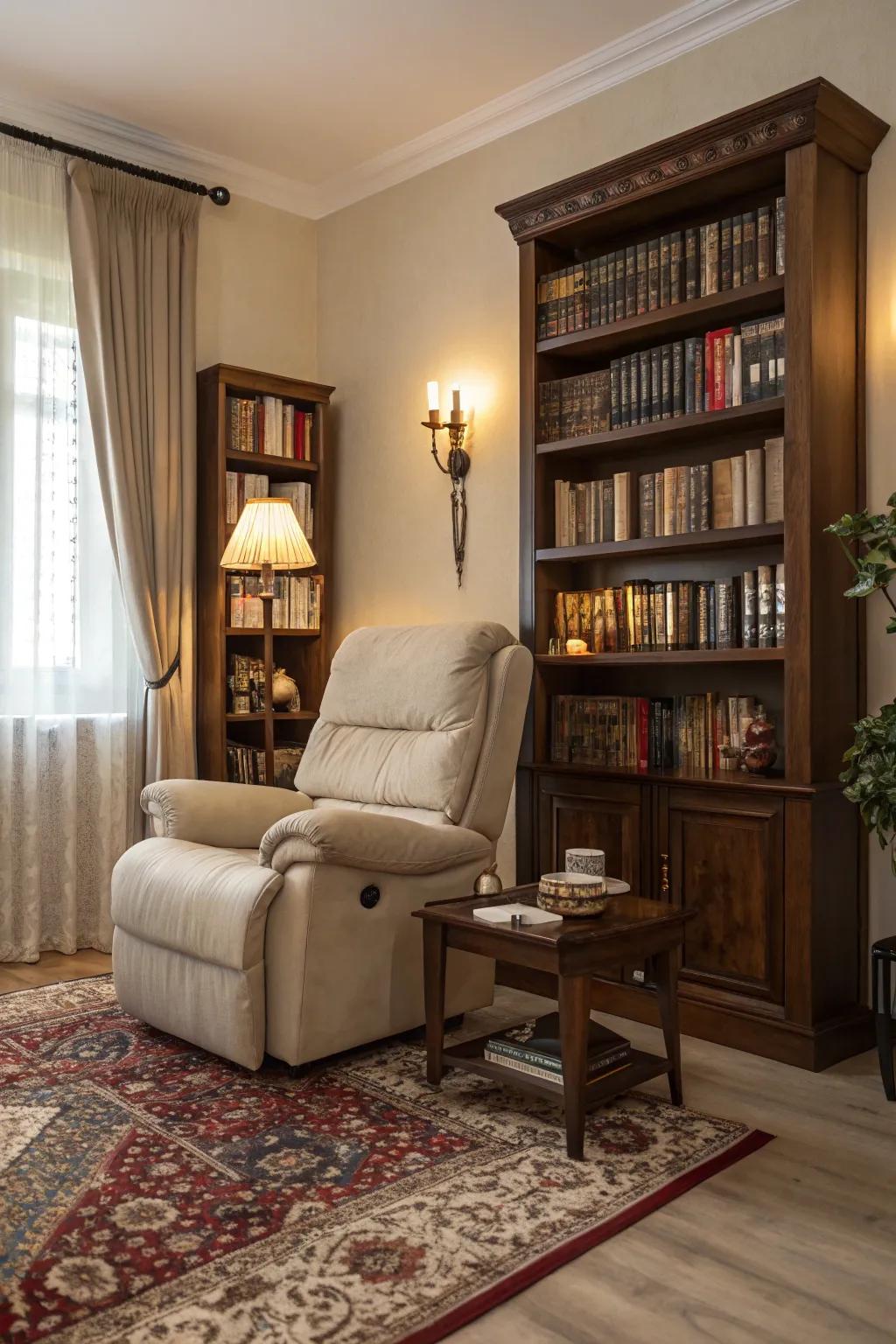 A sophisticated living room corner with a recliner and bookshelf.