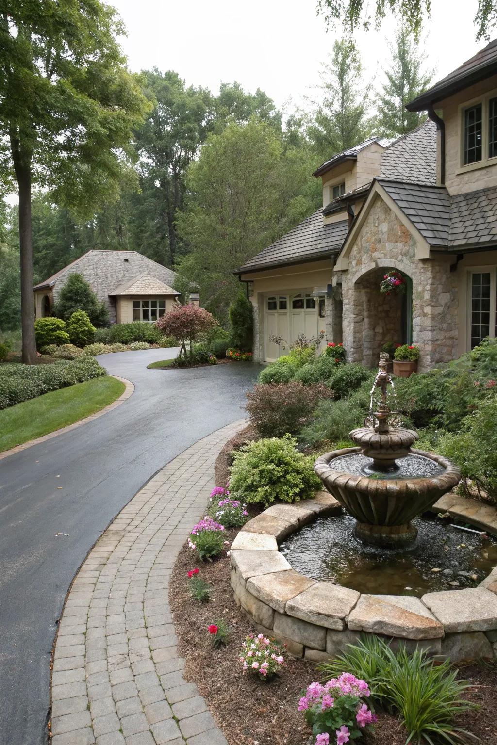 A water feature adds tranquility and elegance to the driveway.
