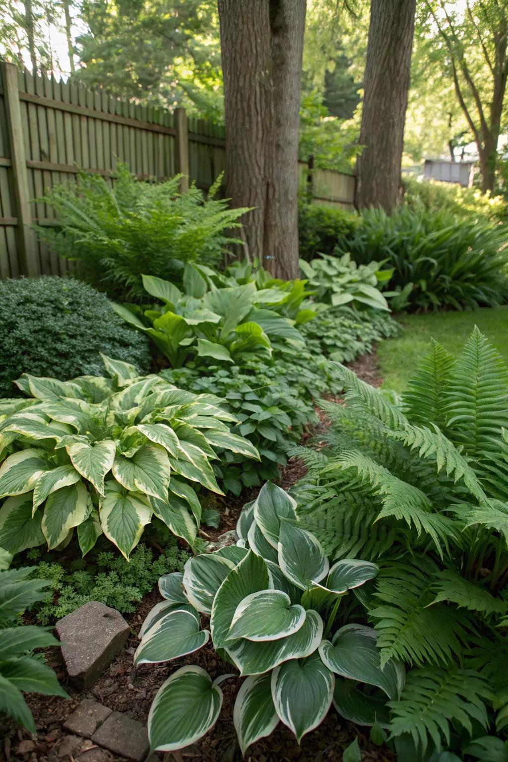Lush shady garden with hostas and ferns.