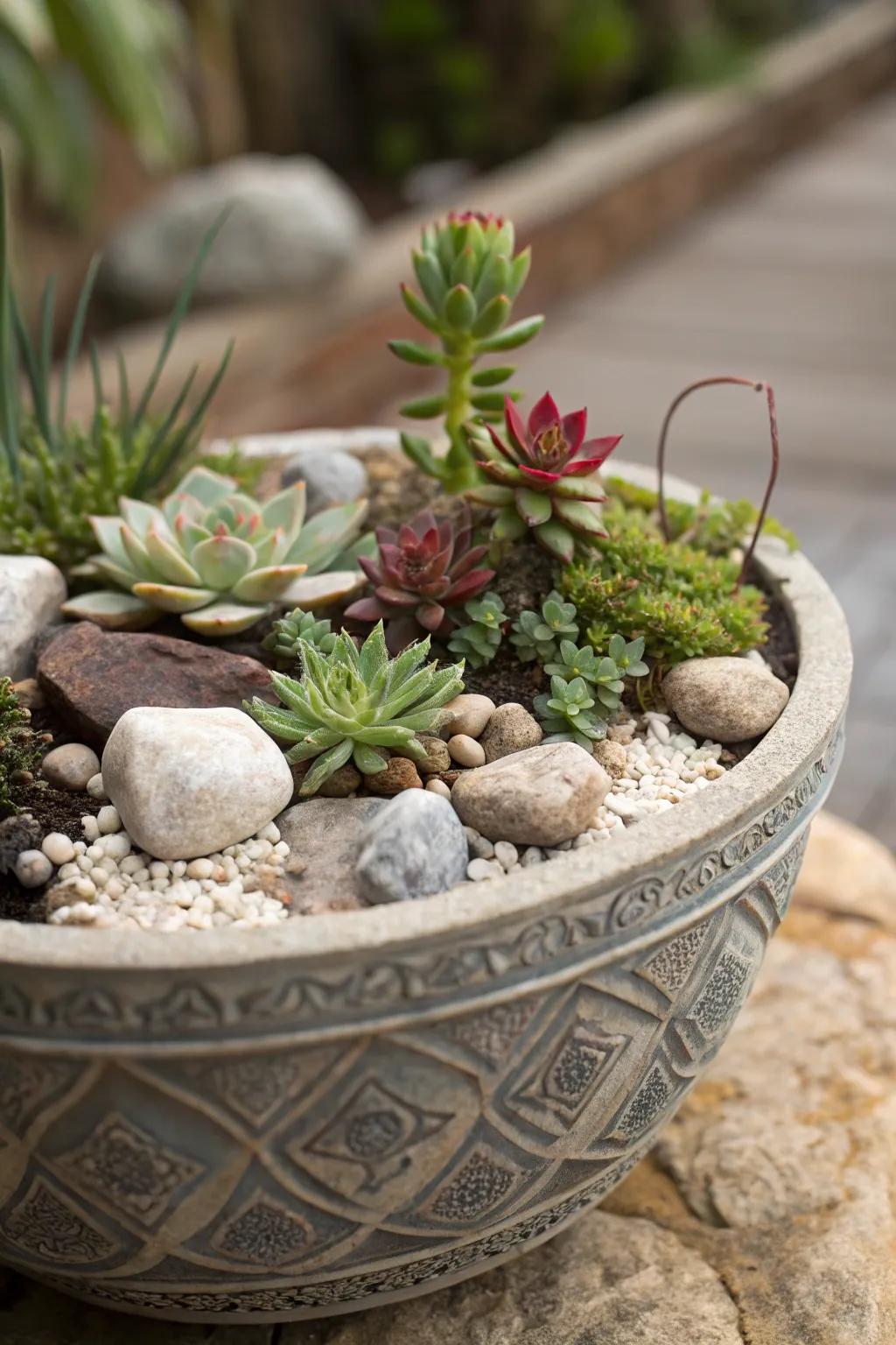A small-scale rockery in a pot for compact spaces.
