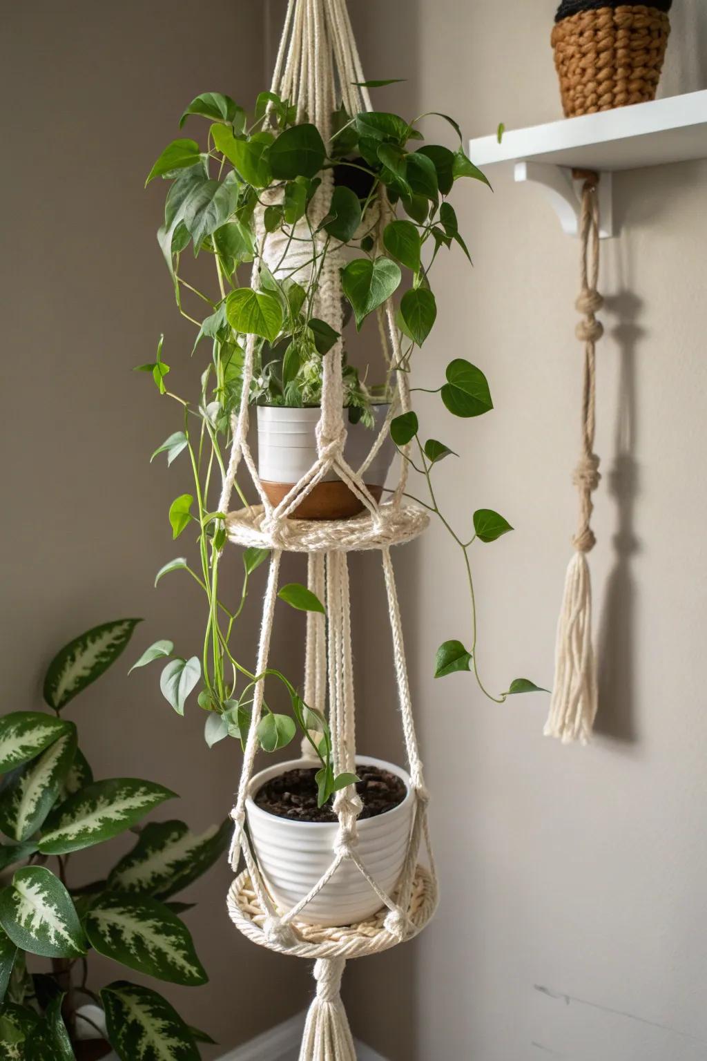 Elevate your space with cascading beauty: A three-tier macrame masterpiece.