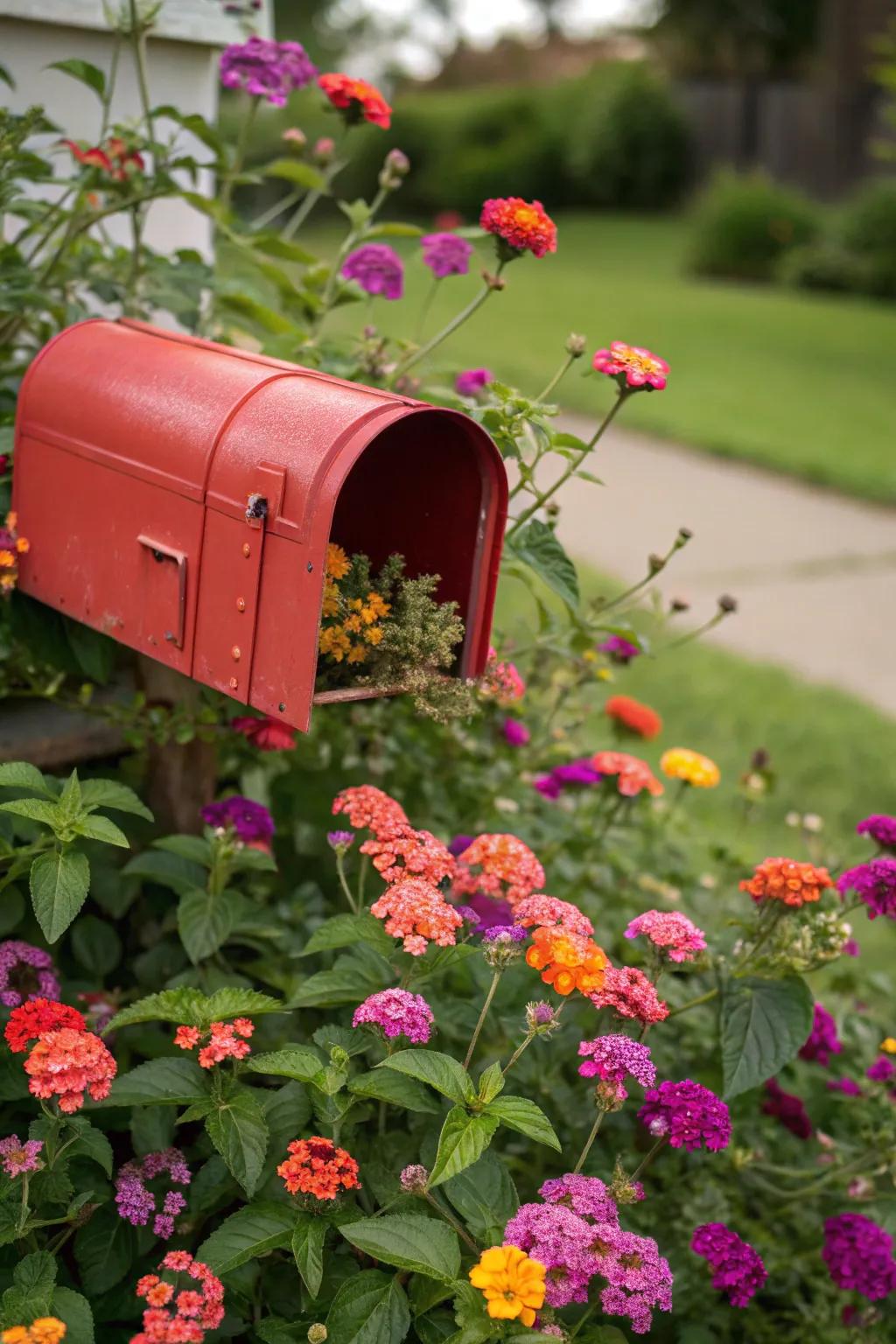 Sun-loving blooms create a sunny and cheerful mailbox garden.