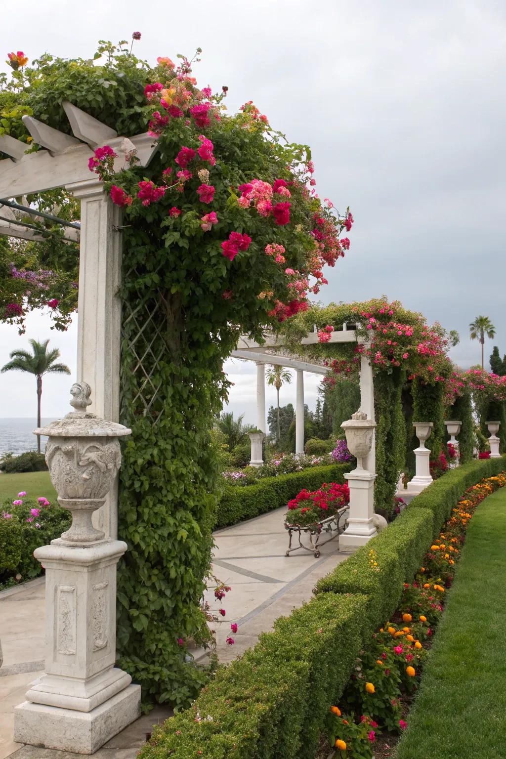 Ornamental touches enhance the beauty of a trellis with flourishing tropical trumpet.