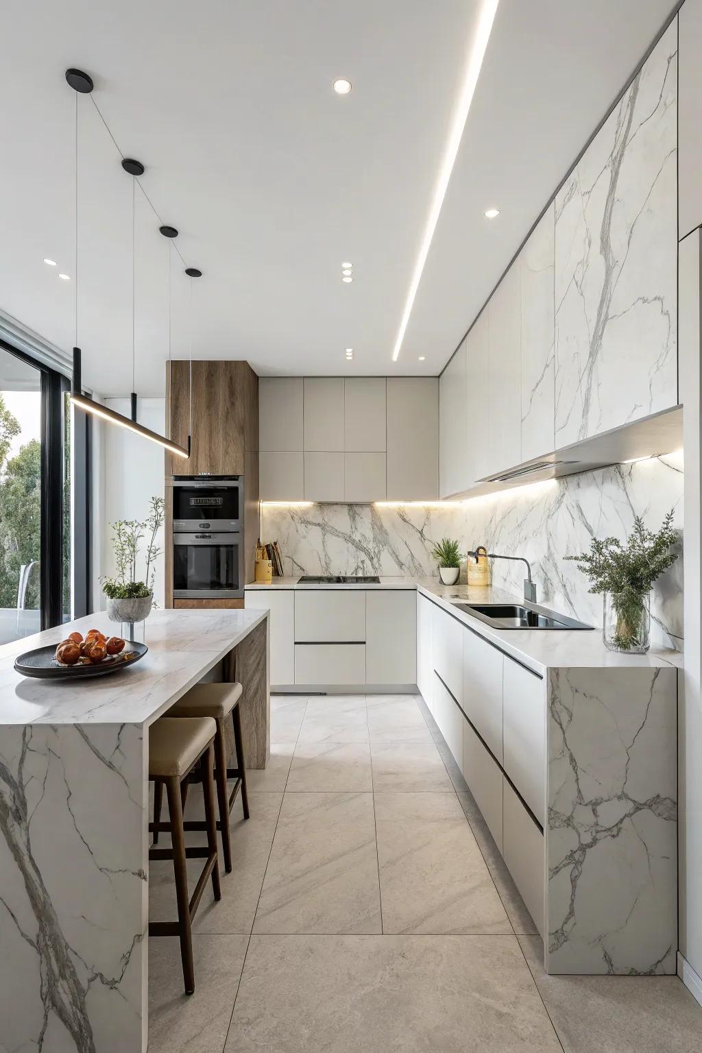 A sleek kitchen featuring a satin surface stone backsplash.