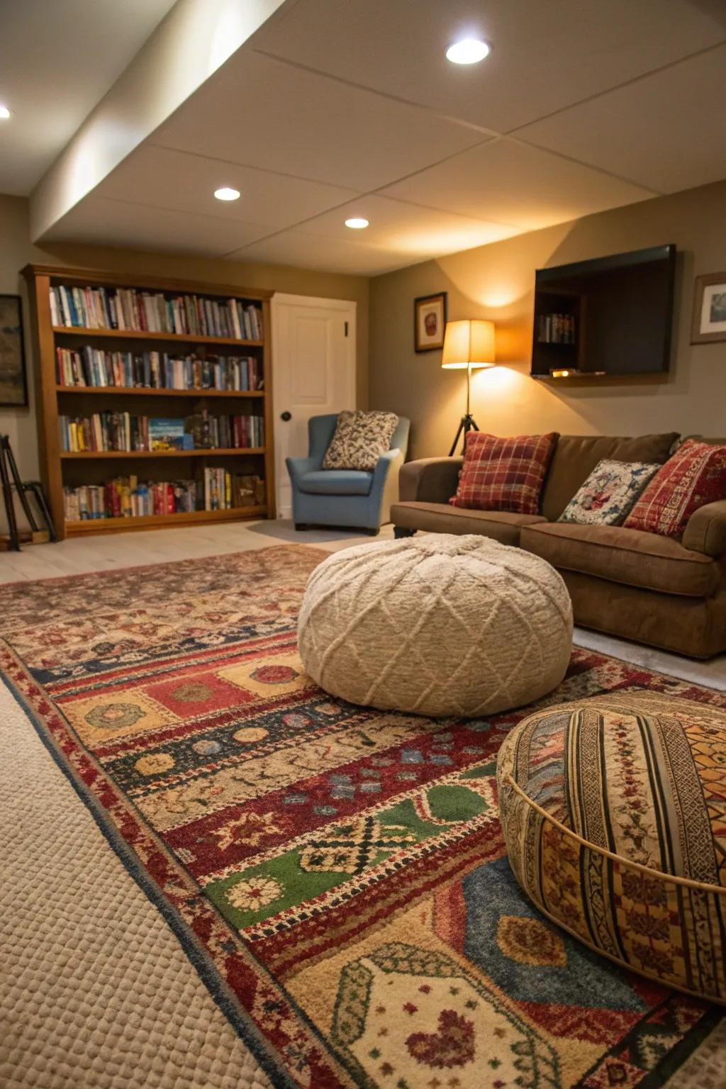 Floor rugs delineate distinct zones within the den.