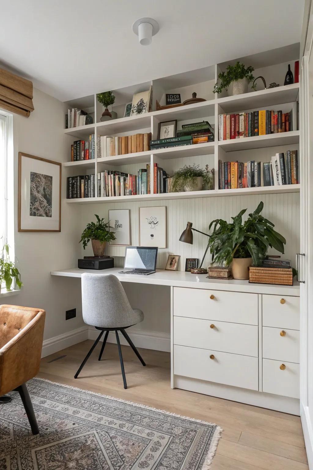 Exposed shelving provides both storage and a chance to showcase personal touches.