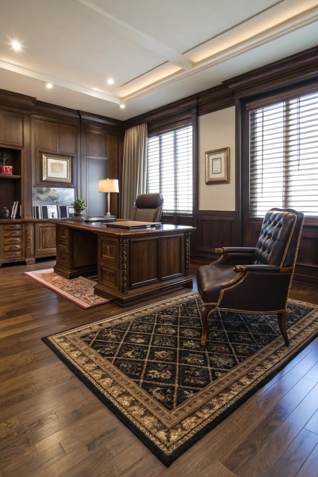 A premium rug introduces both comfort and sophistication to your office.
