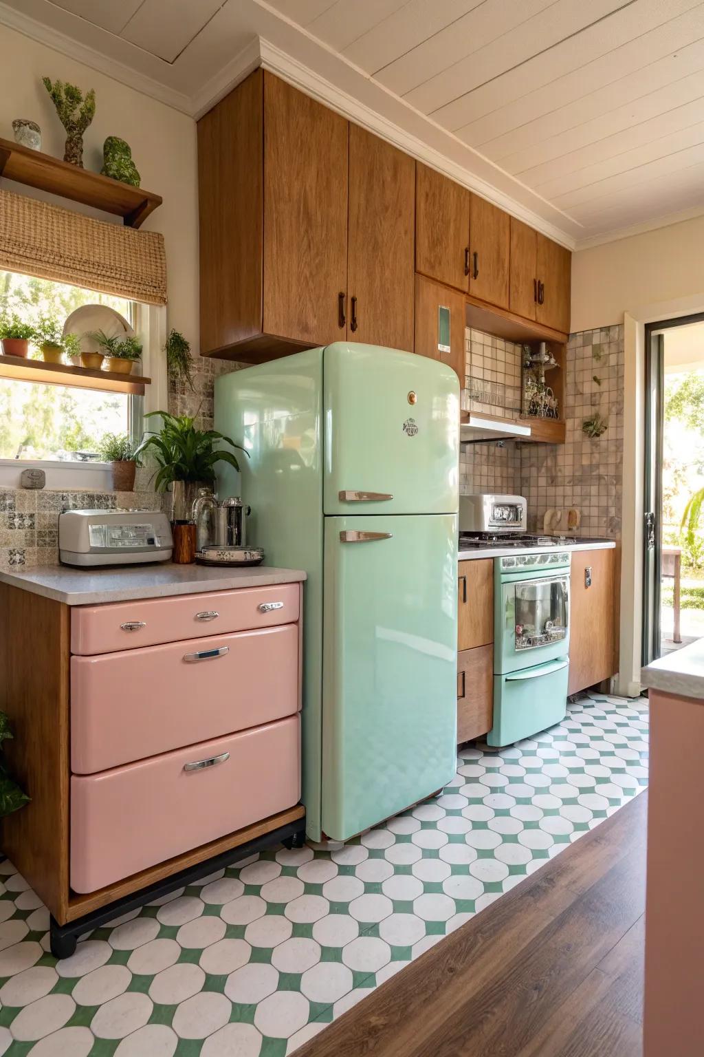 Colored appliances add a playful pop to this modern kitchen.