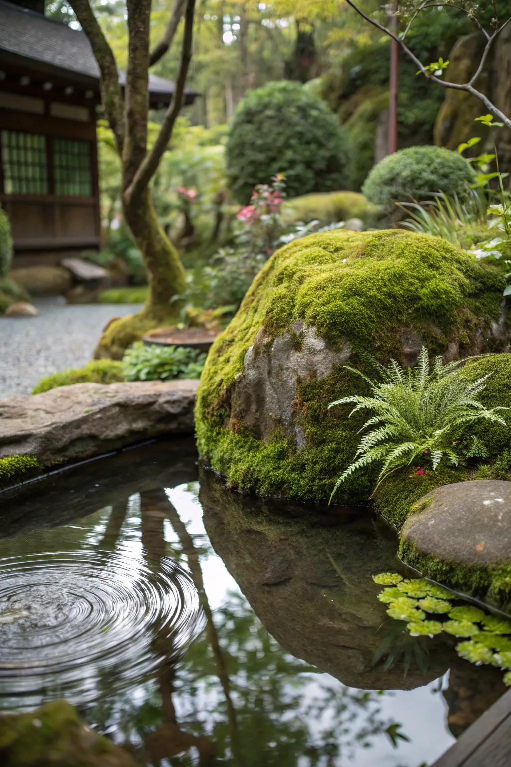 Green-covered rocks bring a forever vibe to a mini pond.