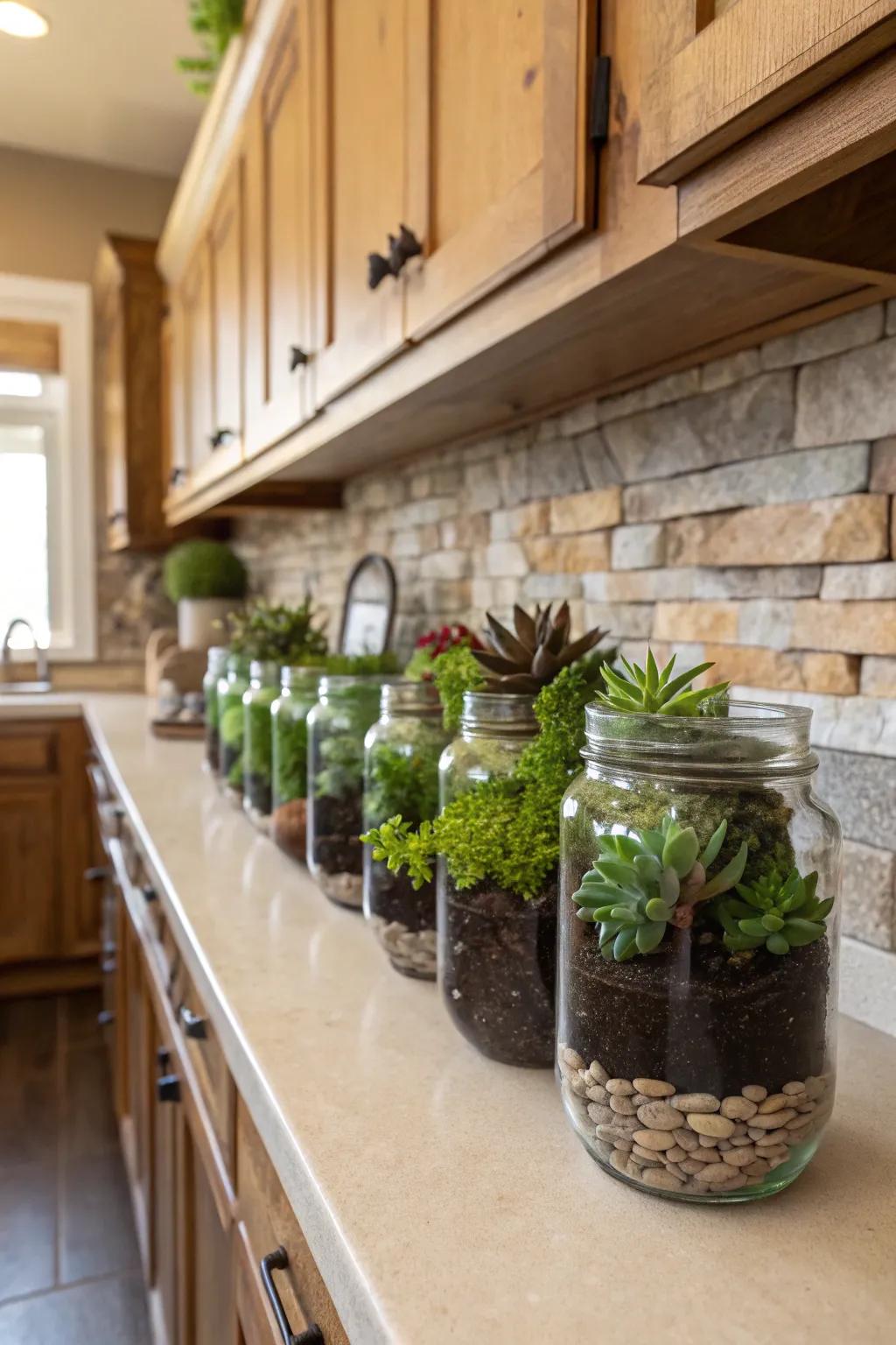 Glass jars packed with succulents introduce countryside charm.