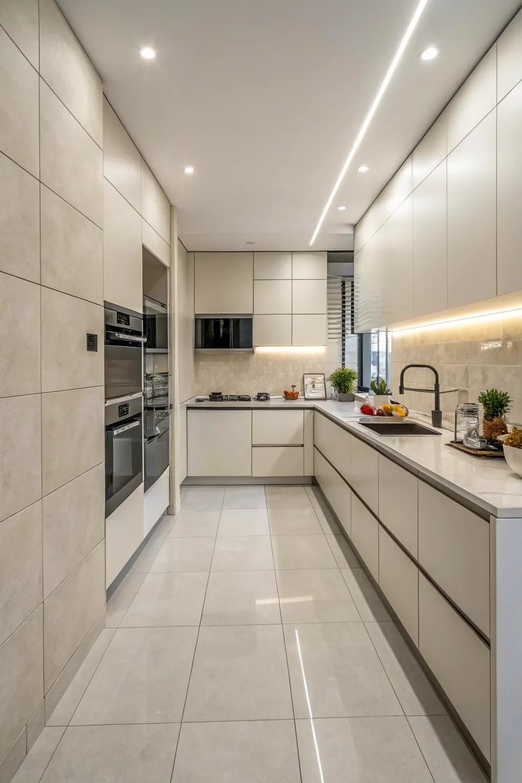 Broad format tiles providing a seamless foundation in a minimalist kitchen.