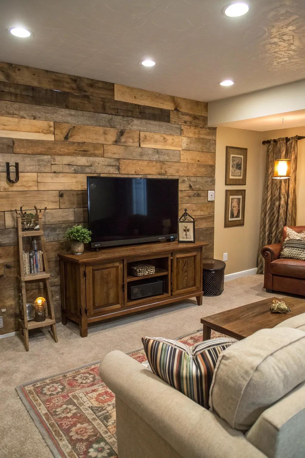 Reclaimed wood adds warmth and character to the TV wall.