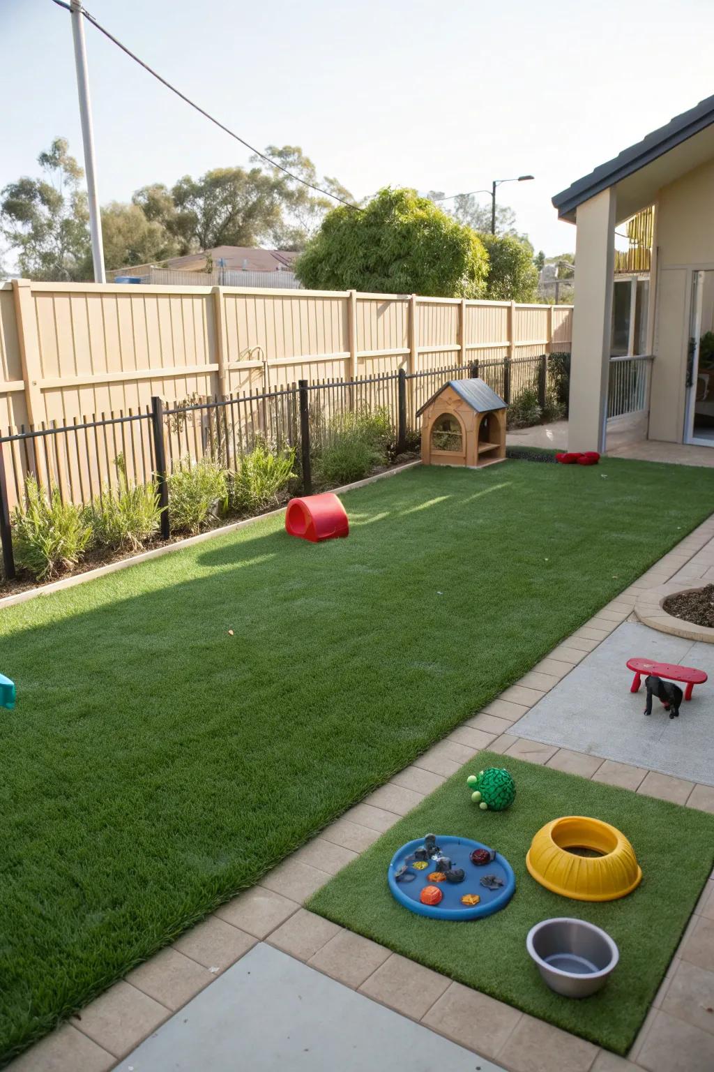 A pet-friendly zone within the artificial grass area for furry friends.